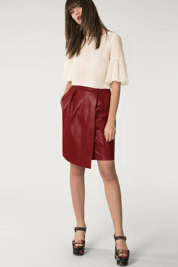 Burgundy Pleated Wrap Pencil Skirt