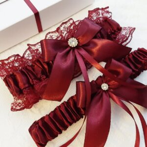 Burgundy Wedding Garter Set, Bridal Garter, Belt, Leg For Bride, Toss & Keepsake Set