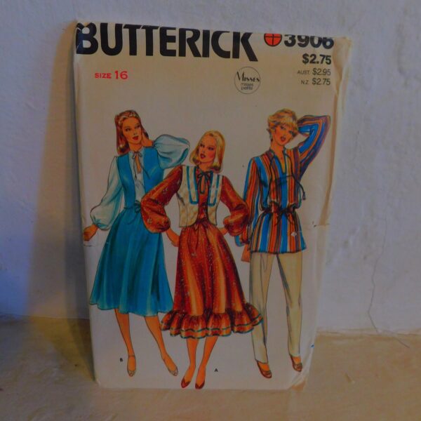 Butterick 3906 1970's Peasant Skirt Pattern - Tunic Top Short Vest Ruffle Bottom Size 16 Bust 38 Waist 30 Uncut