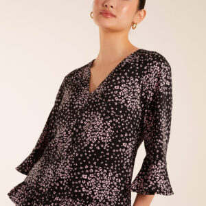 Button Front V Neck Flounce Blouse - 10 / BLACK