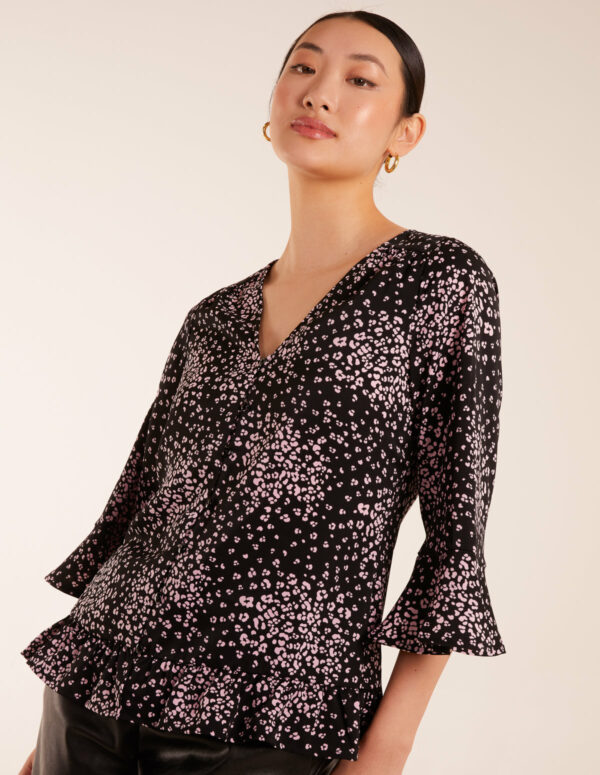 Button Front V Neck Flounce Blouse - 10 / BLACK