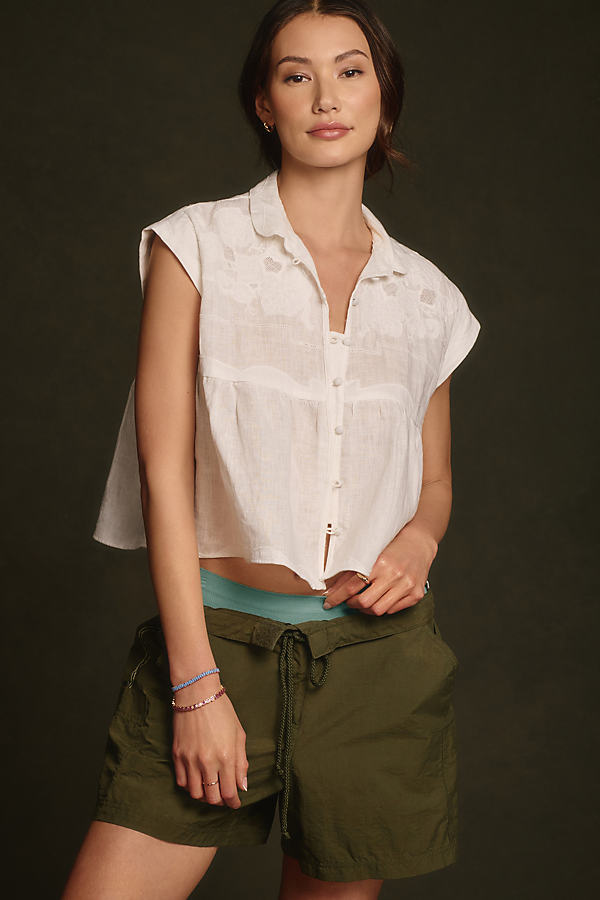 By Anthropologie Linen Appliqué Buttondown Babydoll Blouse