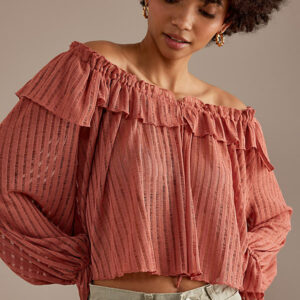 By Anthropologie Long-Sleeve Sheer Striped Crop Blouse