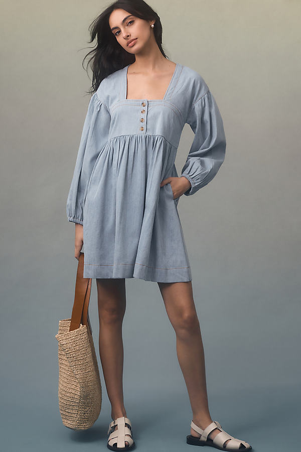 By Anthropologie Long-Sleeve Square-Neck Denim Mini Babydoll Dress