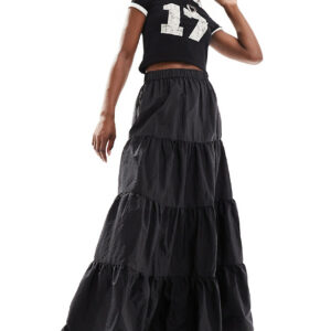 COLLUSION tiered taffeta maxi skirt in black