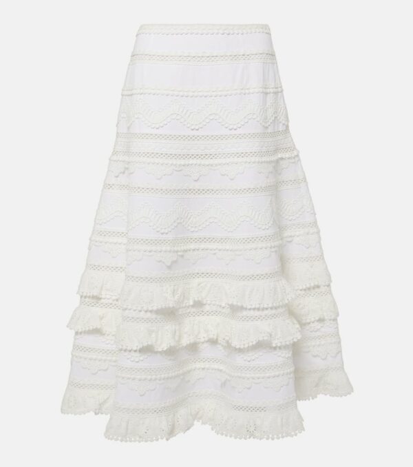 Carolina Herrera Embroidered tiered cotton midi skirt