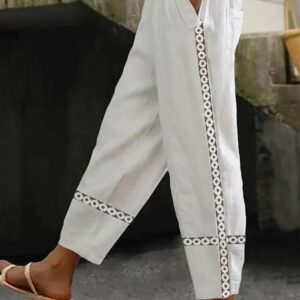 Casual Plain Spring/Fall Linen Daily Lace Mid Waist Harem pants Regular Pants for Women