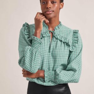 Cefinn Bay Blouse - Ecru Green Houndstooth Print