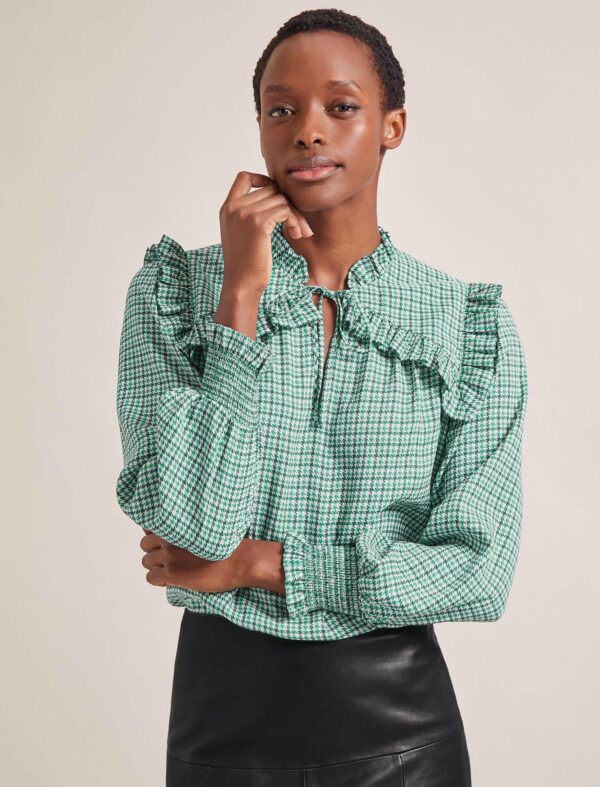 Cefinn Bay Blouse - Ecru Green Houndstooth Print