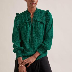 Cefinn Bay Blouse - Green Black Trellis Print