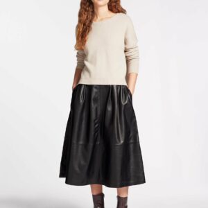 Cefinn Saffron Leather Midi Skirt with Pleat Detail - Black