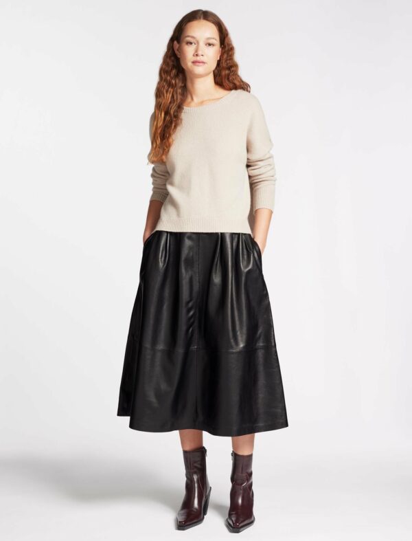 Cefinn Saffron Leather Midi Skirt with Pleat Detail - Black