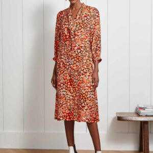 Cefinn Theo Pussy-Bow Trapeze Midi Dress - Burnt Orange Leopard Pansy