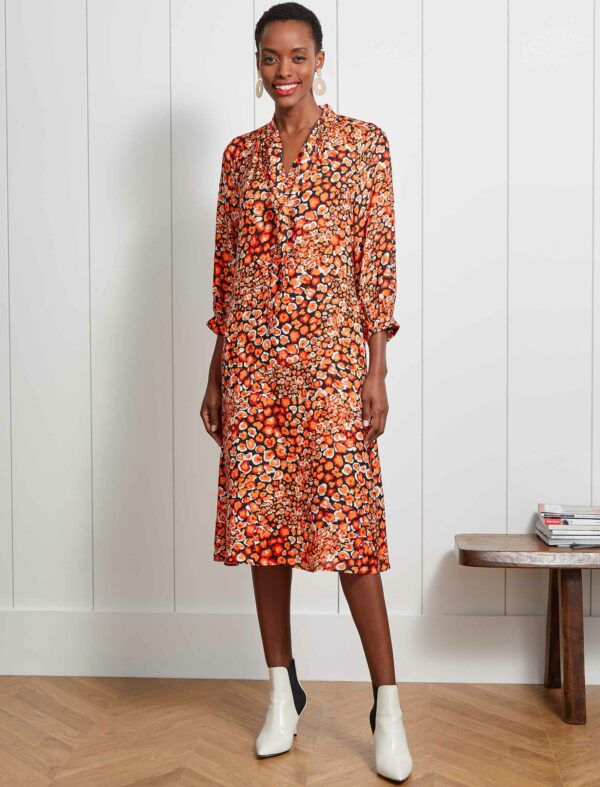 Cefinn Theo Pussy-Bow Trapeze Midi Dress - Burnt Orange Leopard Pansy