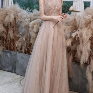 Champagne Evening Dress A-Line V-Neck Sleeveless Lace Up Chains Floor-Length Social Party Dresses