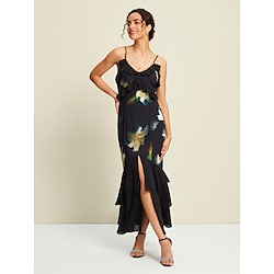 Chiffon Floral Ruffle Hem Party Sleeveless Maxi Dress