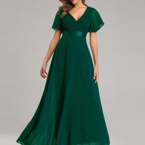 Chiffon Prom Dresses V-Neck Short Sleeves Semi Formal Maxi Dress