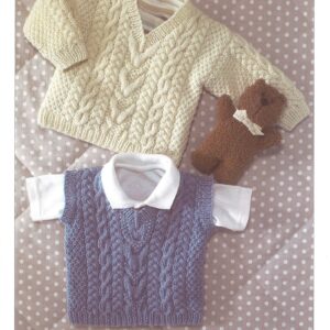 Children's V-Neck Sweater & Slipover Dk Double Knitting Pattern Aran Style Cable 0-6Yrs 41-66cm 16-26In Ukhka57 Tank Top