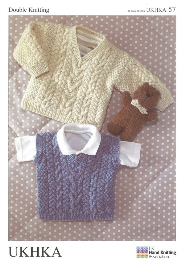 Children's V-Neck Sweater & Slipover Dk Double Knitting Pattern Aran Style Cable 0-6Yrs 41-66cm 16-26In Ukhka57 Tank Top