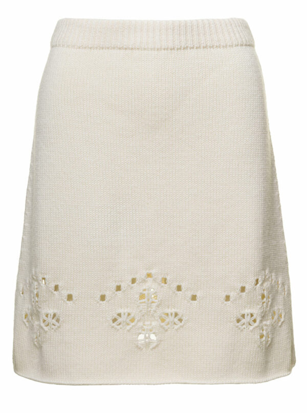 Chloé White A-line Knit Mini-skirt With Perforated Motifs In Wool Woman