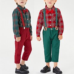 Christmas Boys 3D Plaid Shirt Pants Long Sleeve Spring Fall Fashion Daily Cotton Kids 4-12 Years Formal Party Tailored Fit