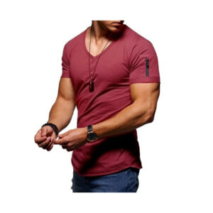 (Claret, XL) Men Casual Short Sleeve V Neck Tops T-shirt Blouse Pullover Basic Tee Zip Pocket