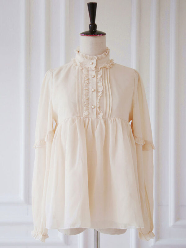 Classic Lolita Blouse Chiffon Long Sleeve Stand Collar Pleated Vanilla Cream Lolita Top