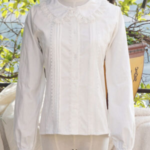 Classic Lolita Blouse Lace Trim Pleated Puff Sleeve Peter Pan Collar White Lolita Top