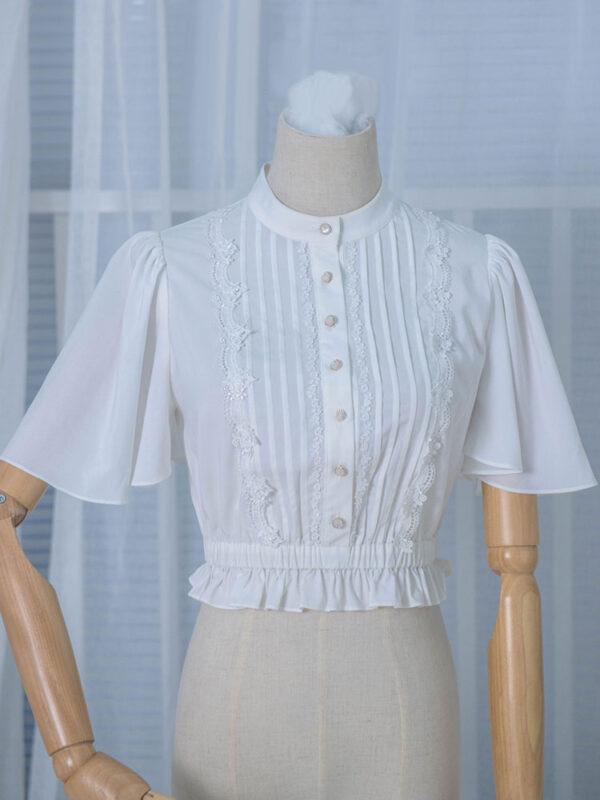 Classic Lolita Blouses Ruffles Bell Sleeve Chiffon Pleated White Lolita Top