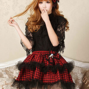 Classic Lolita SK Bow Plaid Ruffle Lace Red Lolita Skirt