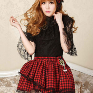 Classic Lolita SK Lace Trim Checkered Bow Ruffle Red Lolita Skirt