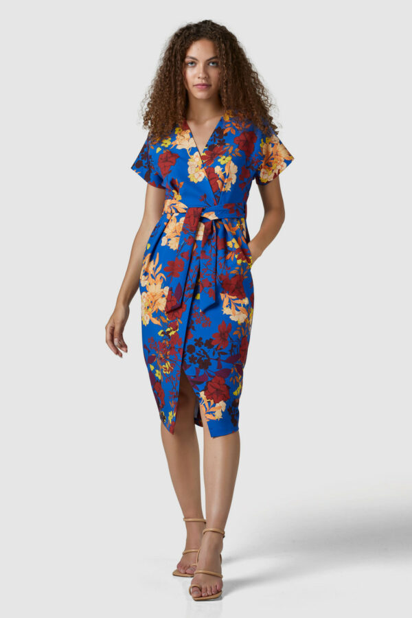 Closet London Blue Kimono Wrap Floral Print Dress