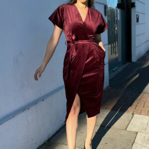 Closet London Burgundy Kimono Wrap Over Velvet Dress