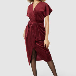 Closet London Burgundy Velvet Kimono Sleeves Wrap Pencil Midi Dress