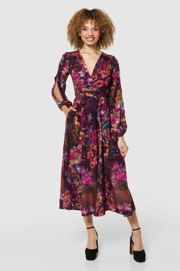 Closet London Maroon Floral Print Full Skirt Wrap Dress