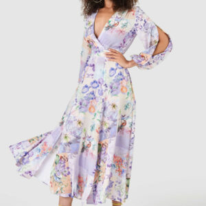 Closet London Purple Floral Print Full Skirt Wrap Dress