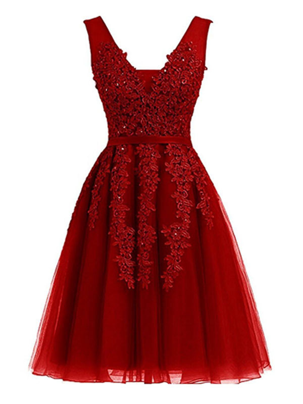 Cocktail Dress Gorgeous Short A Line V Neck Sleeveless Lace Beaded Mini Tulle Prom Dresses Free Customization