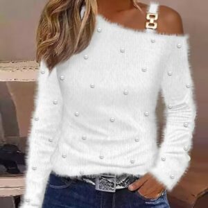 Cold Shoulder Long Sleeve Beaded Fluffy Top