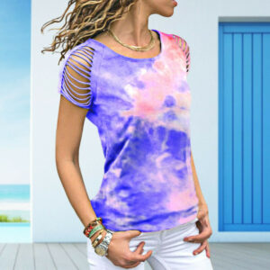 (Color Blue, S) Casual Short Sleeve Blouse T-Shirts Womens Summer Tie-dye Printed Tops Shirt