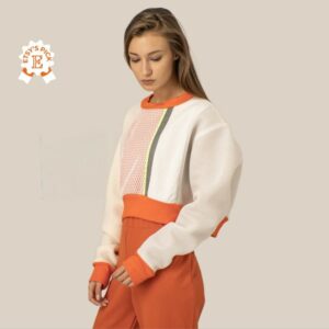 Colorblock Sweater Made Of Neoprene, Wool & Reflective Stripes, Orange & White Designer Sweater, Luxury Crop Top, Patchwork Mesh Pullover