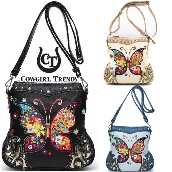 Colorful Butterfly Flower Studded Concealed Carry Purse Women Western Style Spring Rhinestone Crossbody Handbags Single Shoulder Bag