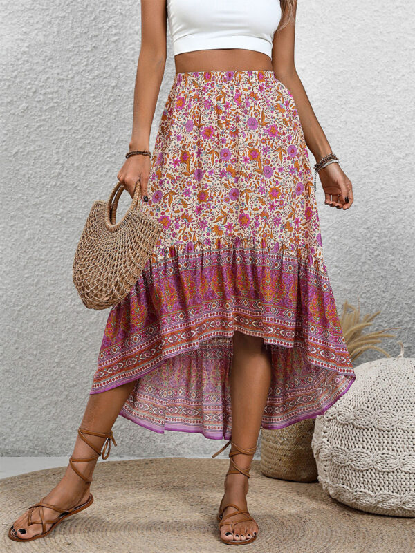 Colorful Skirt Floral High-Low Mid Rise Bohemian Summer Casual Skirts