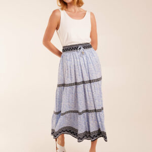 Contrast Printed Tiered Skirt - S / BLUE