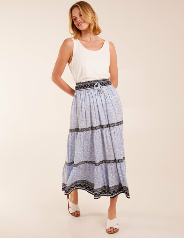 Contrast Printed Tiered Skirt - S / BLUE