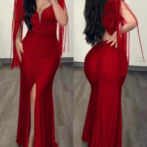 Contrast Sequin Ruched Slit Evening Dress