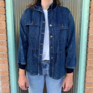 Cool 1980S Vintage Jean Jacket With Navy Collar & Cuffs, Cinched Waist With Drawstring