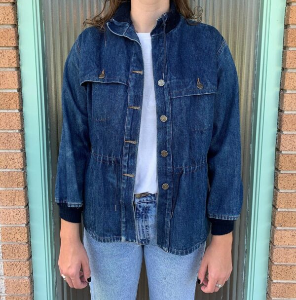 Cool 1980S Vintage Jean Jacket With Navy Collar & Cuffs, Cinched Waist With Drawstring