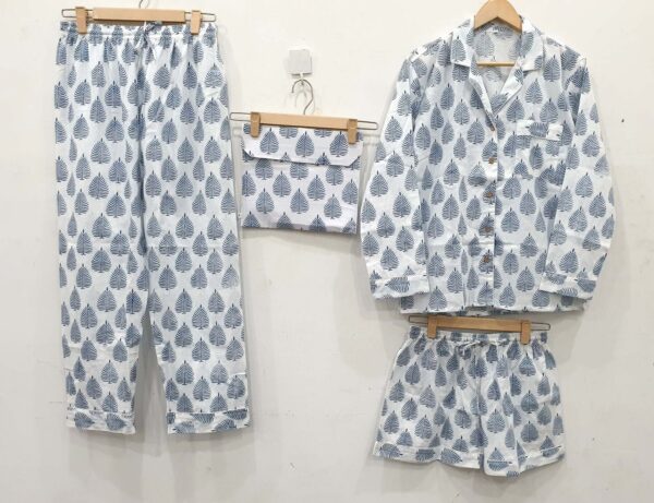 Cotton Pajama Set Hand Block Printed Women Night Dress Light Ultra-Soft Pants Shirt With Shorts