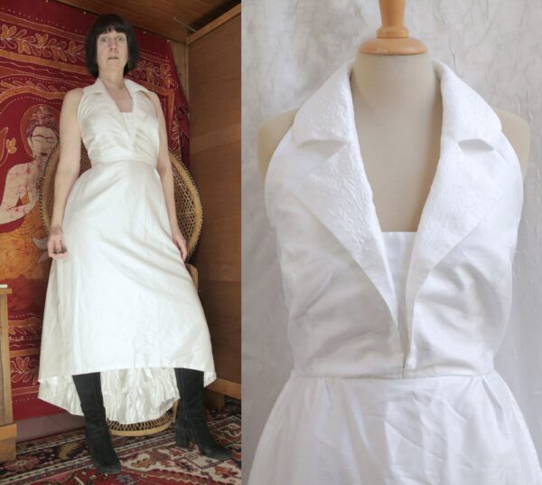 Crisp White 1990S Neckholder Wedding Dress With A Collar & High-Low Midaxi Skirt