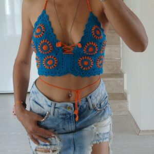 Crochet Bralette, Navy Blue Woman Top, Orange Floral Motif, Knit Top, Hippie Bustier, Vintage Bralette Granny Square